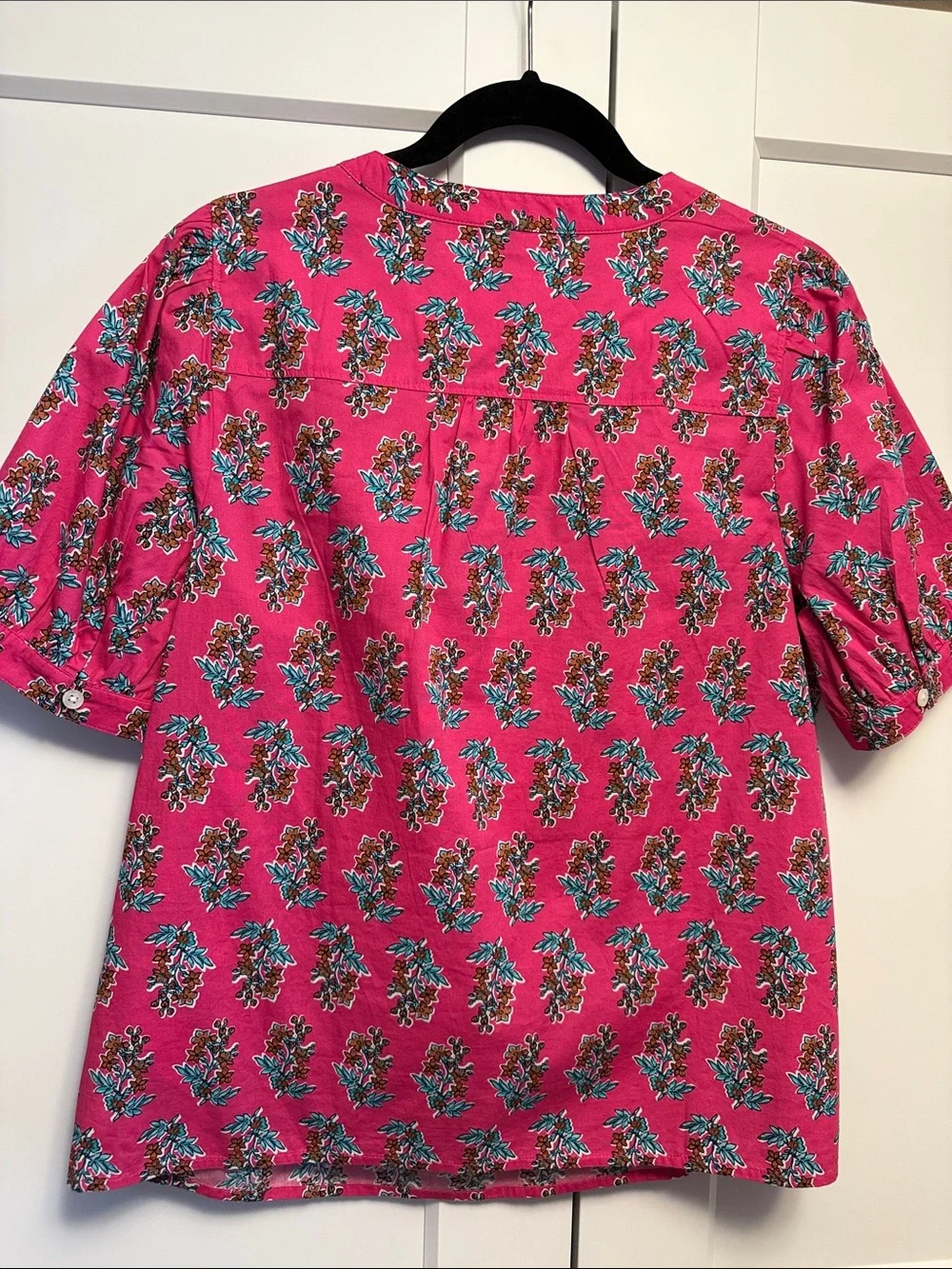 J. Crew Bright Pink Floral V-Neck Short Sleeve Blouse